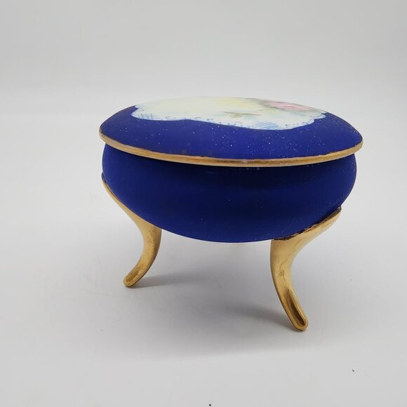VTG Cobalt Blue Porcelain Footed Trinket Box Painted Floral Lid By E. Cumbria - Picture 9 of 11